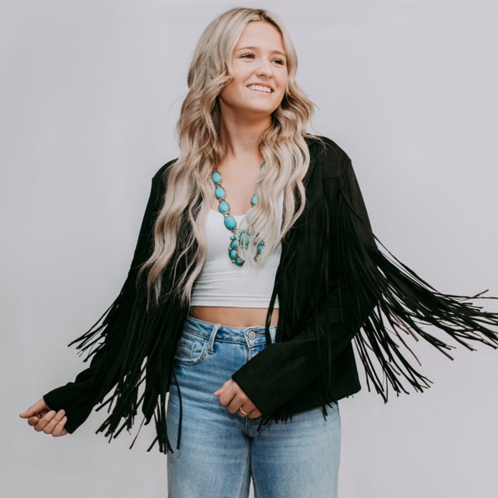 Black Fringe Vegan Suede Jacket Rhinestone Cowboy Hat- Women's Western 2X NWT